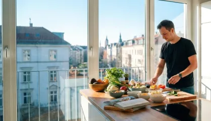 Mann steht in Küche, vor ihm auf dem Tisch liegen viele gesunde Lebensmittel.