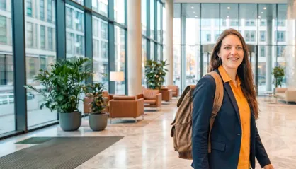 Eine junge Frau in Businesskleidung ist auf dem Weg zu ihrer Ausbildung.