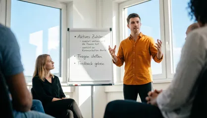 Ein Mann steht an einem Whiteboard und erklärt einer Gruppe Menschen etwas.
