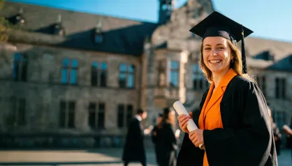 Frau in akademischem Talar steht vor einer Uni und präsentiert ihren Abschluss.