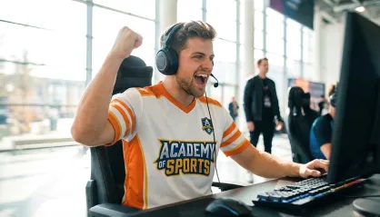 Ein E-Sportler sitzt bei einem Turnier am PC und jubelt über seinen Erfolg.
