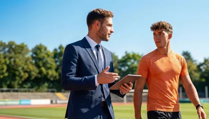 Ein Sportler und sein Manager laufen über einen Sportplatz und unterhalten sich.